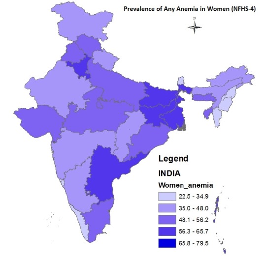 Map showing prevalence of Any Anemia in women in India