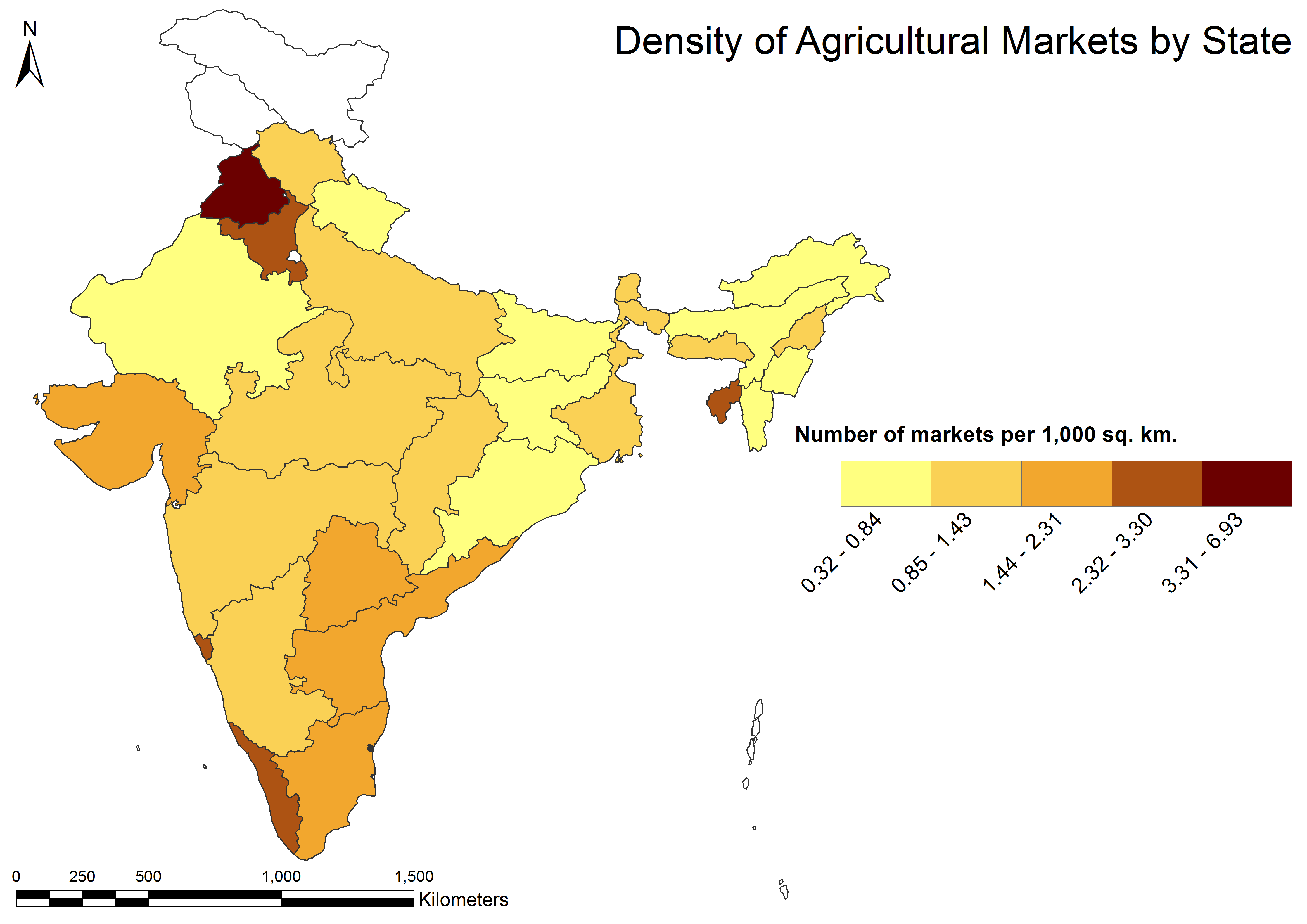 Spatial map of India showing density of agricultural markets by state, with the highest density in Punjab and Haryana and the lowest in Arunachal Pradesh, Assam, Manipur, and Mizoram