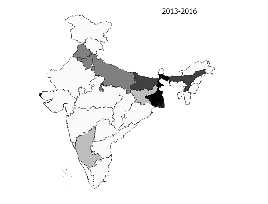 A map showing arsenic contamination of groundwater in India from 2013-2016, with high levels in the north across the Indo-Gangetic Plain.