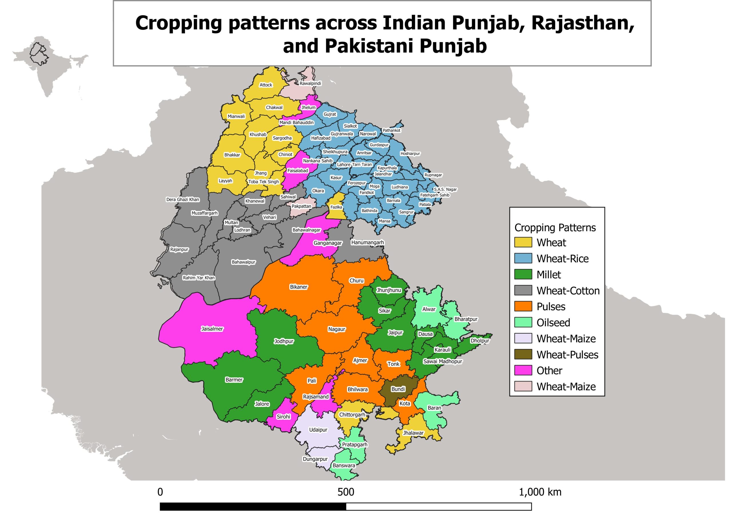 Map of cropping patterns across Indian Punjab, Rajasthan, and Pakistani Punjab