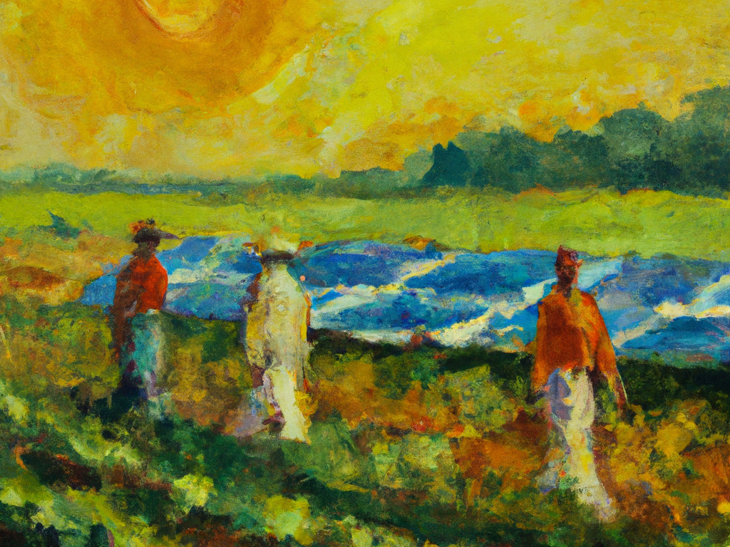 A painting of farmers in a field with solar panels