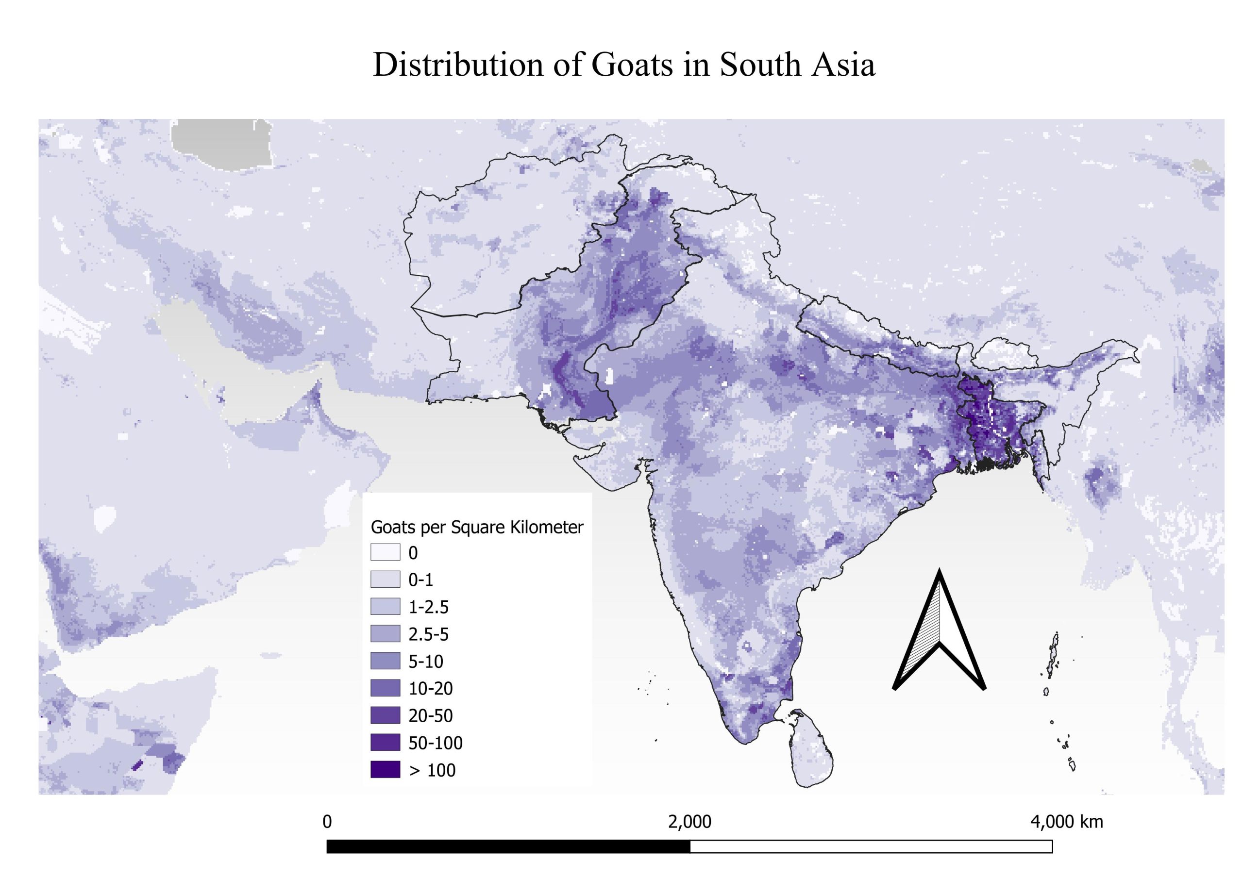 Map showing the distribution of goats per sq. km in India and Pakistan, with the highest concentrations in Punjab and Sindh provinces in Pakistan, and West Bengal state in India
