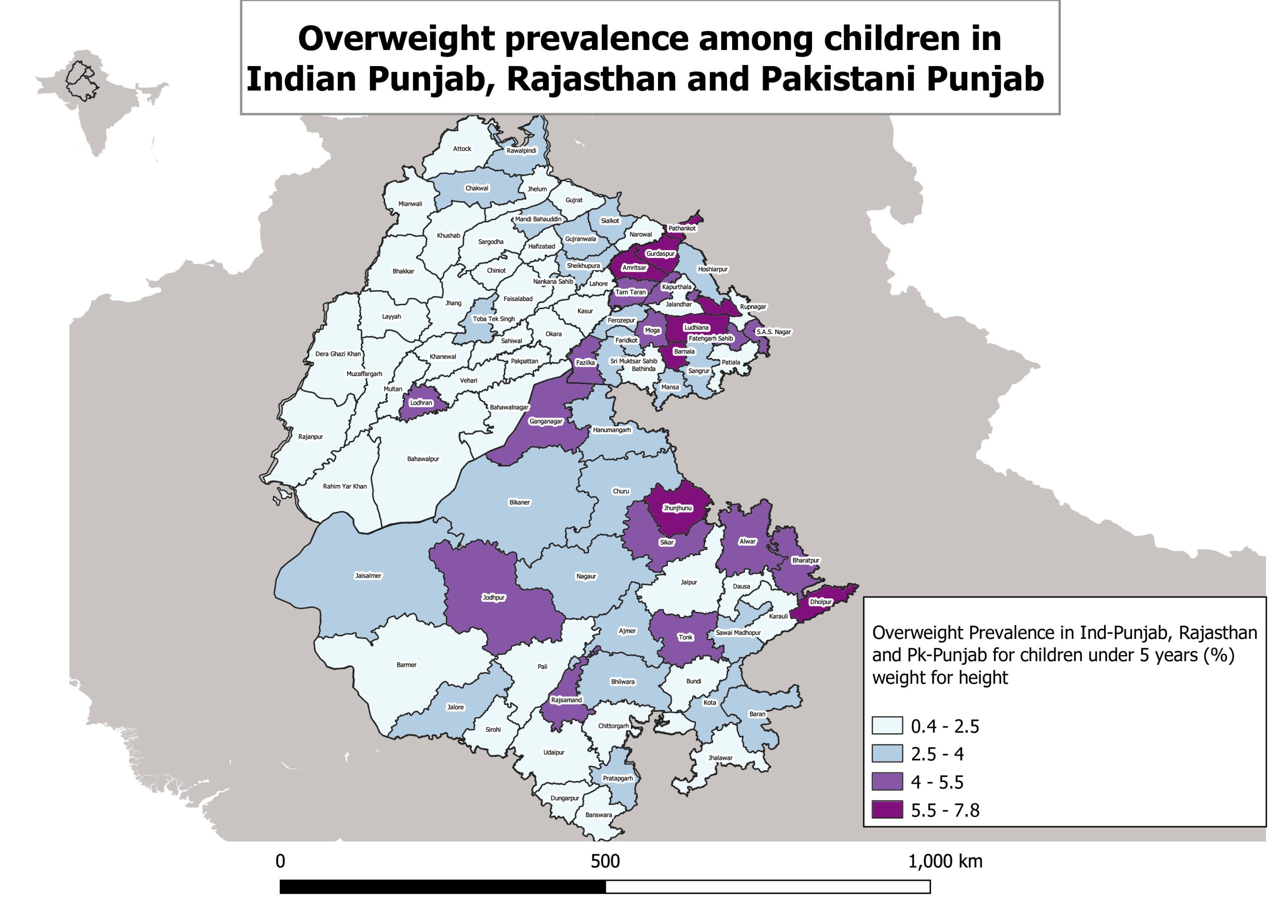 Map showing the prevalence of overweight among children in Indian Punjab, Rajasthan, and Pakistani Punjab