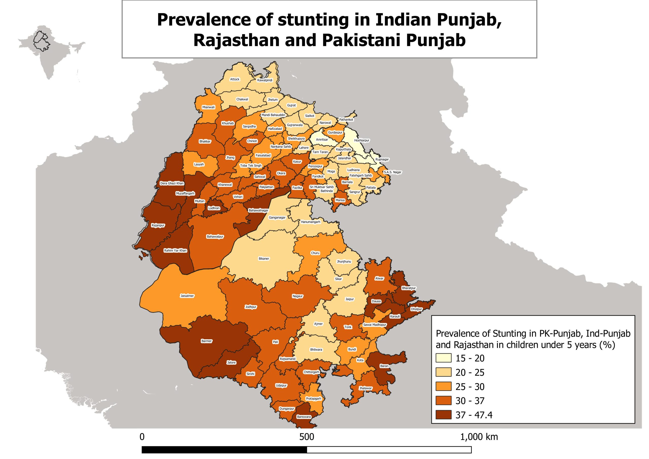 Map showing the prevalence of stunting in Indian Punjab, Rajasthan, and Pakistani Punjab
