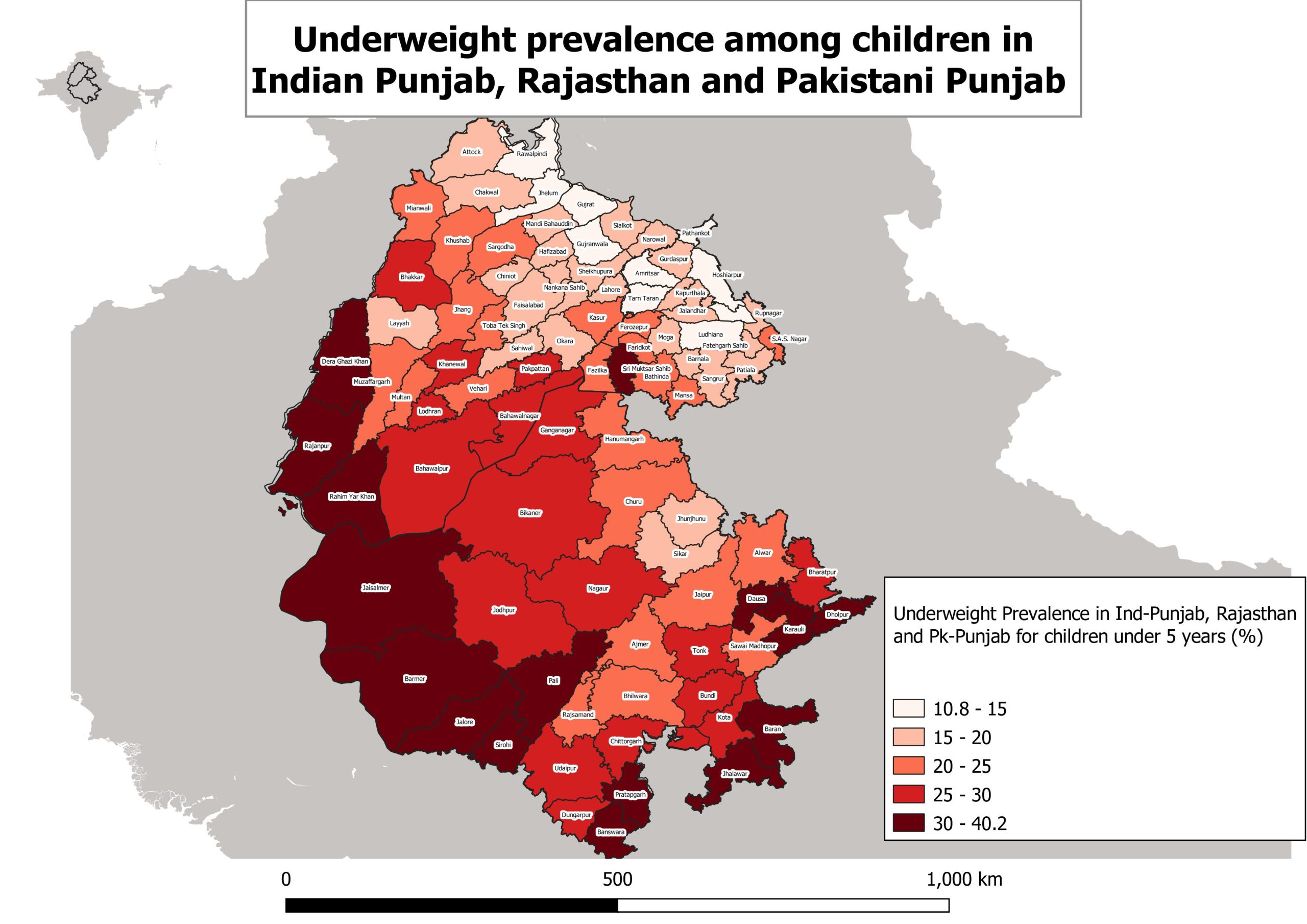 Map showing the prevalence of underweight among children in Indian Punjab, Rajasthan, and Pakistani Punjab