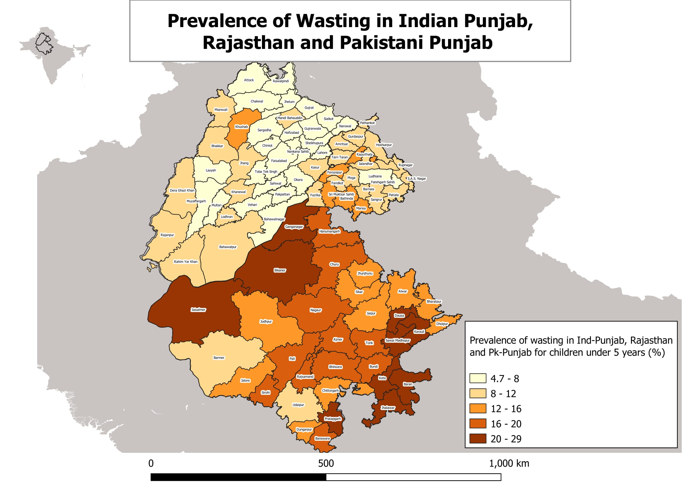 Map showing the prevalence of wasting in Indian Punjab, Rajasthan, and Pakistani Punjab