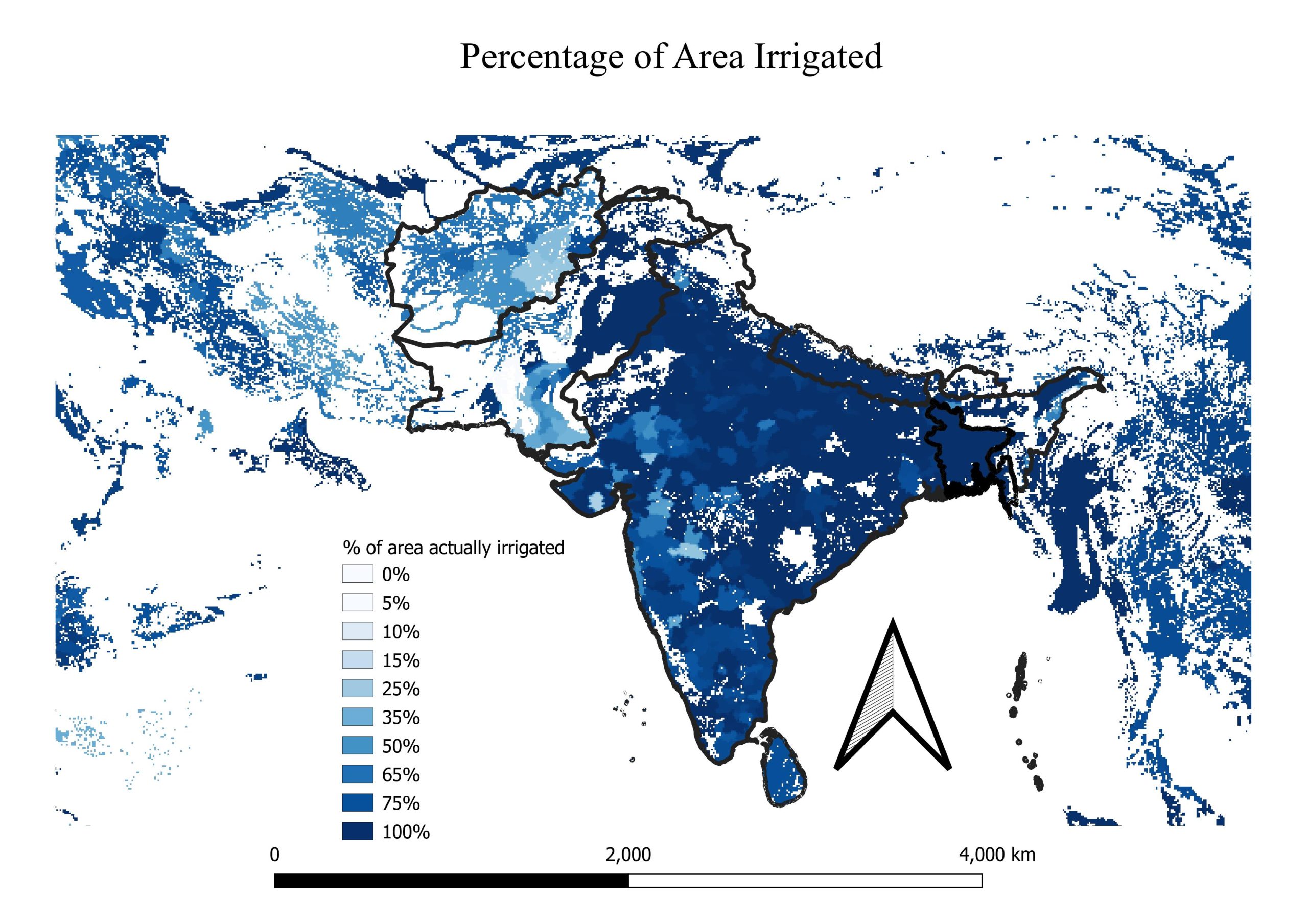 Map showing the percentage of irrigation in India and Pakistan, with Punjab being the most widely irrigated province in Pakistan, and most of India being highly irrigated other than stretches of land in Rajasthan, Gujarat, Kerala, Andhra Pradesh, Assam, Manipur and Nagaland states. 