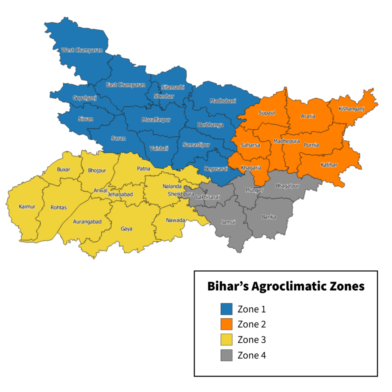 Map of Bihar's four agroclimatic zones, with zone 1 in the northwest, zone 2 in the northeast, zone three in the southwest, and zone four in the southeast