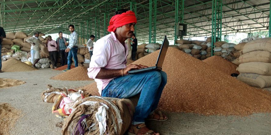 A man uses a laptop at an agricultural market