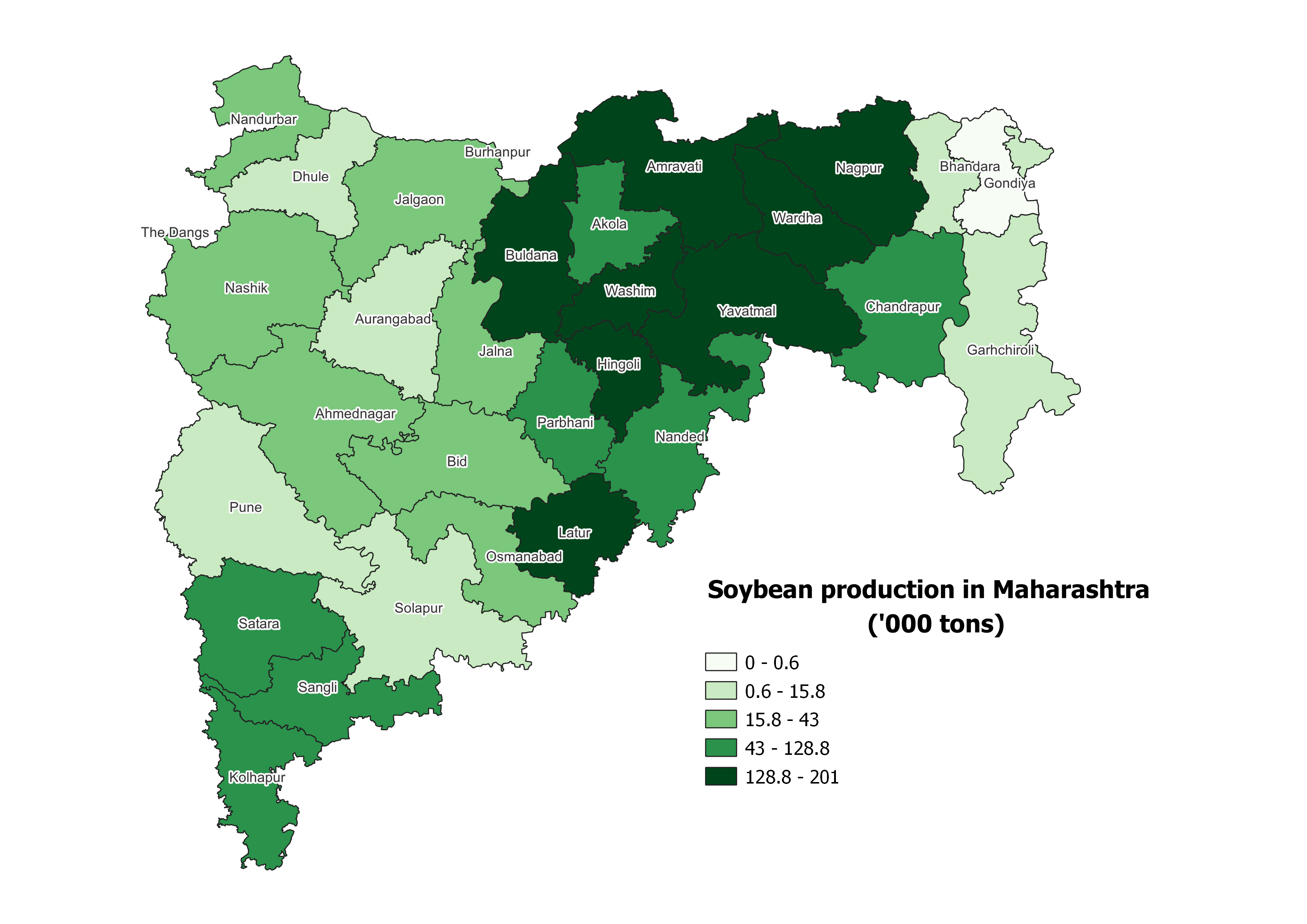 A map showing soybean production in Maharashtra. Production is heavily concentrated in the north of the state.