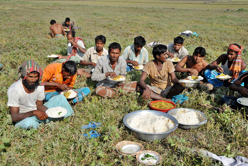 Agricultural workers break for a meal
