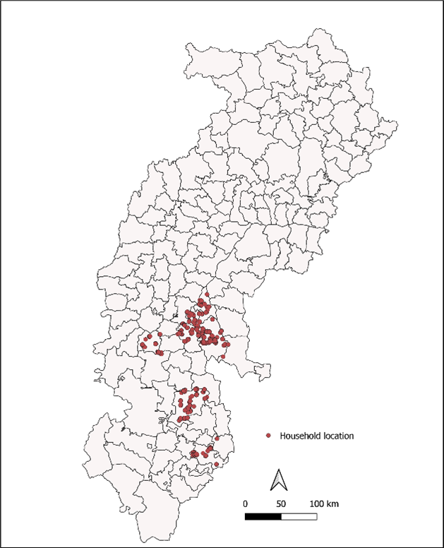 A map showing the distribution of households participating in TCI's project in Chhattisgarh. There are three clusters in the southern half of the state.