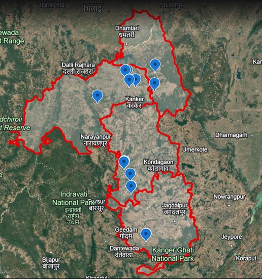 A map of Chhattisgarh showing the locations of solar lift irrigation sites