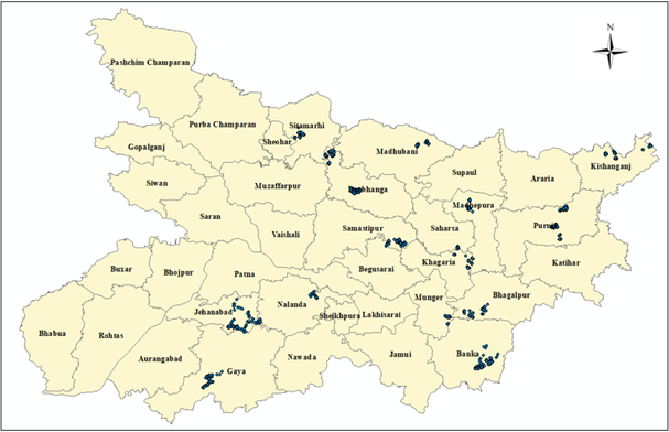 A map of Bihar showing the locations of households surveyed by TCI