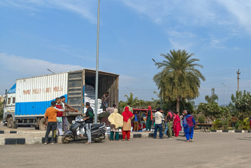 Bags of grain are distributed from a truck