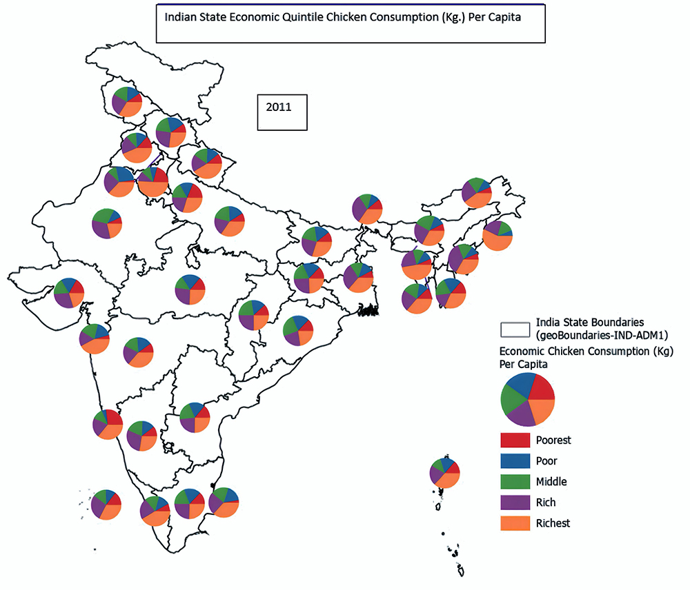 A map showing Indian state per capita consumption of chicken by economic quintile in 2011