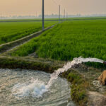 Water being pumped into an irrigation ditch on farmland