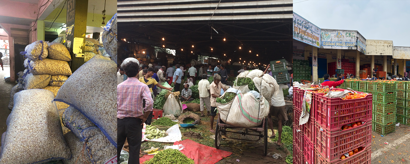 Different types of bulk food packaging, including bags and plastic crates