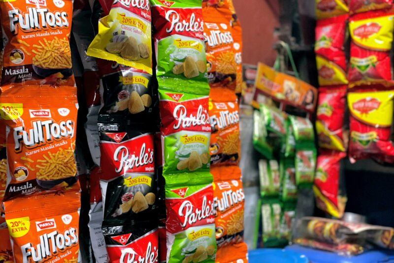 Packaged snack foods for sale at a shop