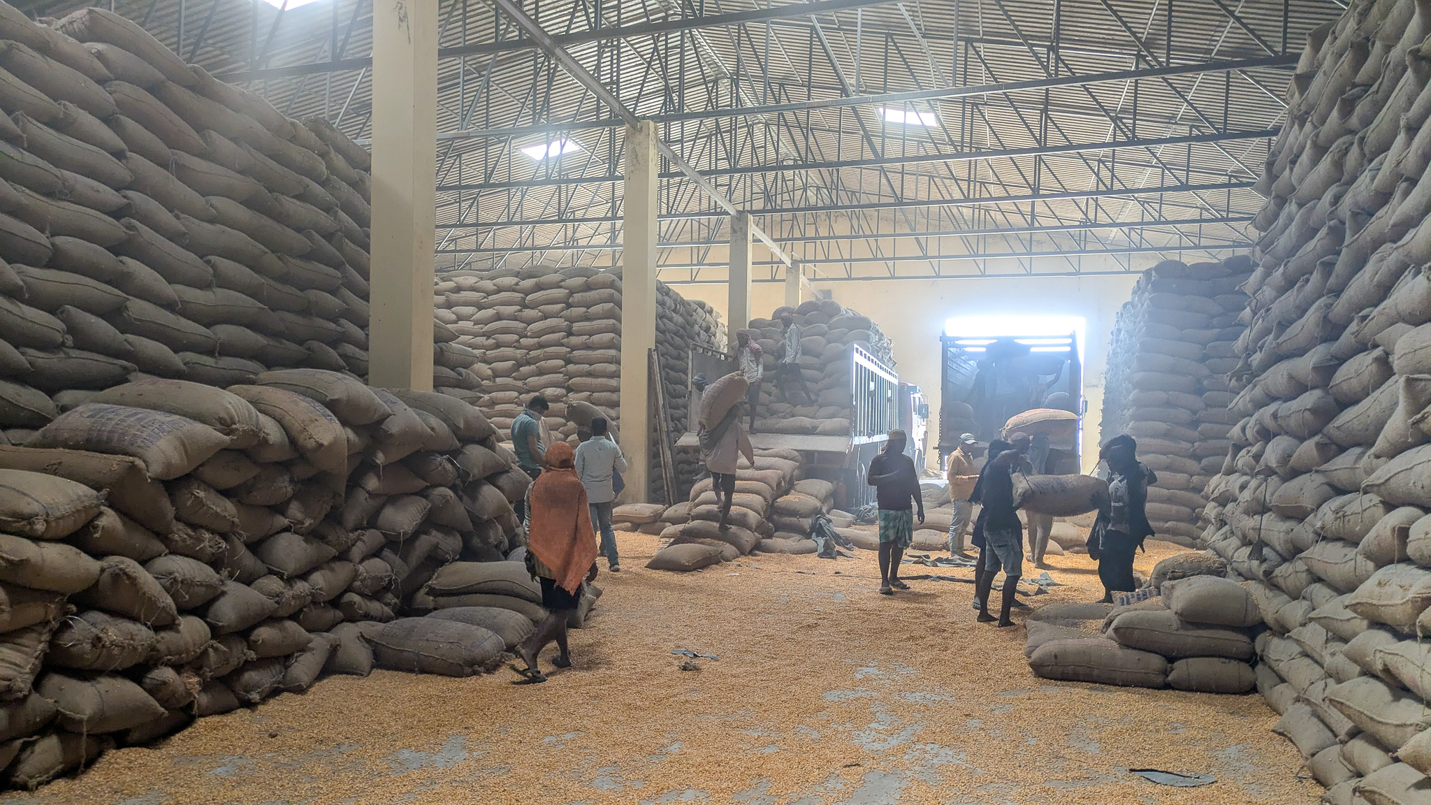 Workers load maize onto trucks at a warehouse.