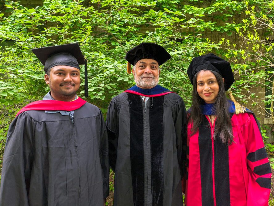 Bharath Chandran C, Prabhu Pingali, and Sumedha Minocha in academic regalia