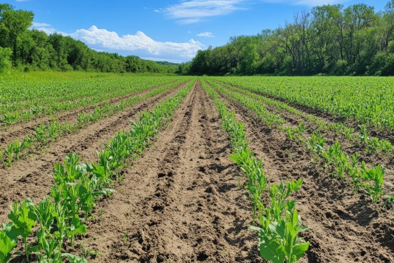 Rows of green plants planted without tilling the soil.