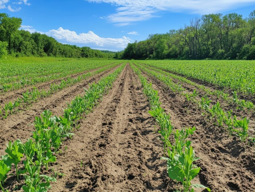 Rows of green plants planted without tilling the soil.